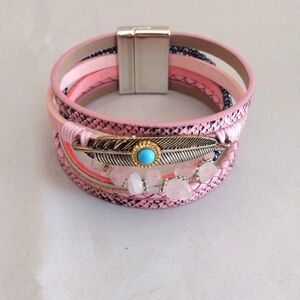 Pink Multi-Strand Snake Skin Faux Leather, Crystal stone & Feather Bracelet NWOT